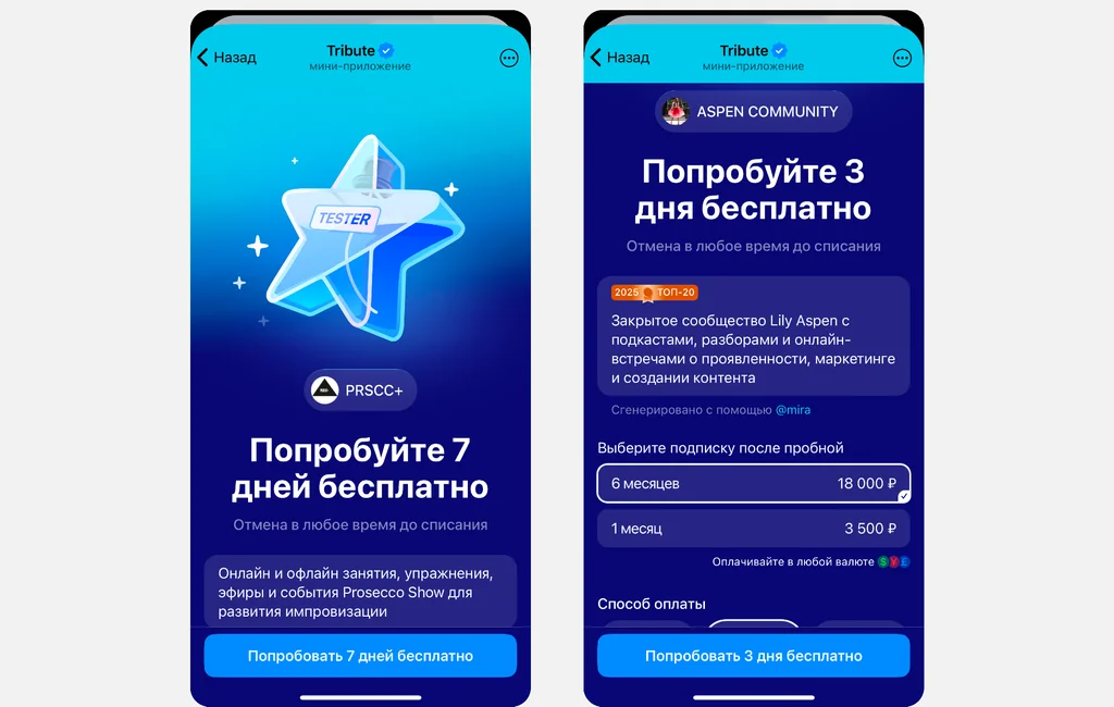 Пример пробного периода платного телеграм канала